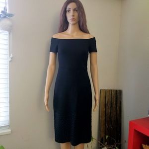 H by Halston Black Off Shoulder Midi Dress Side Zip